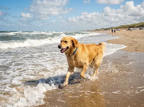 Hond rent door de golven op het strand