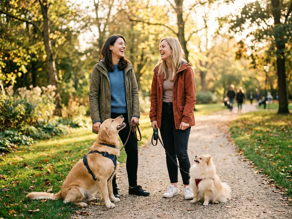 Twee hondenbaasjes staan lachend in gesprek in een groen park, hun honden zitten belangstellend naast hen