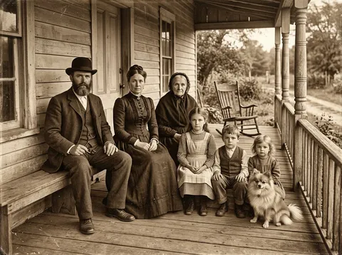 Historische foto van een hond en familie