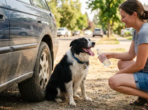 Hond die afkoelt in de schaduw na een warme dag