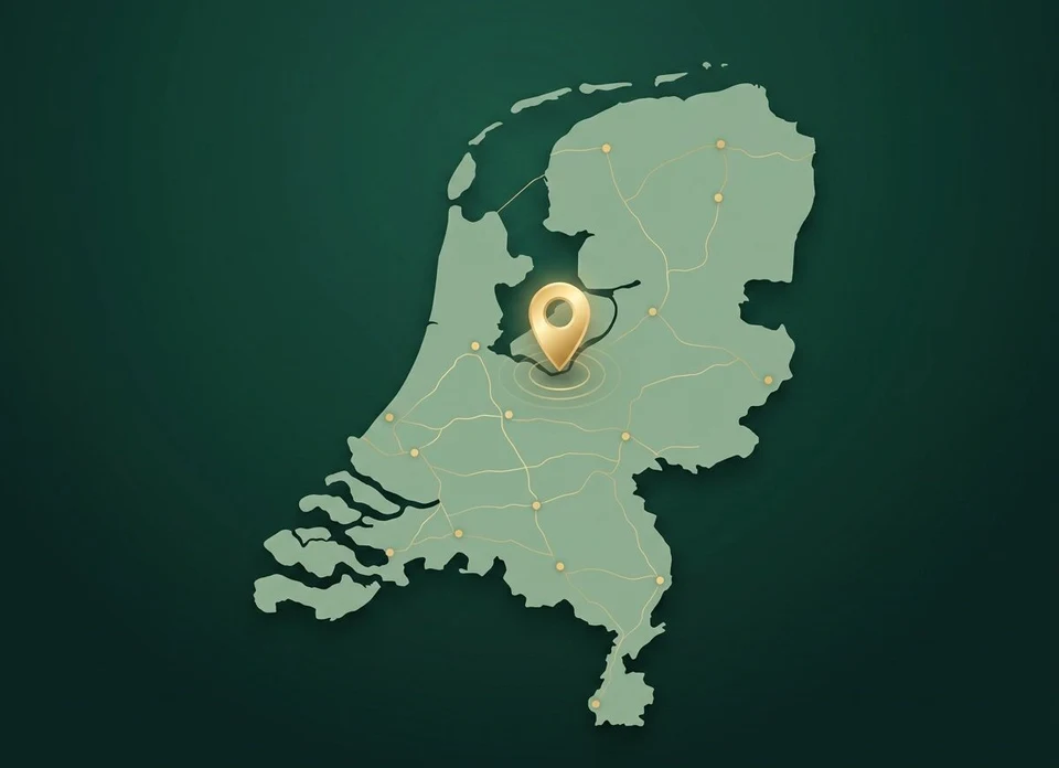 Kaart van heel Nederland met een gouden locatiespeld en zoekradius