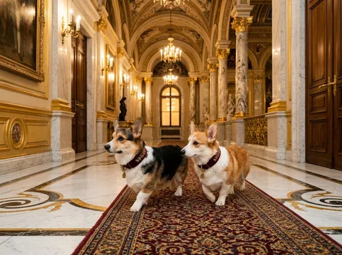 Corgis lopen door een paleisgang