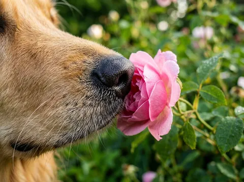 Hondenneus dichtbij ruikt aan een bloem