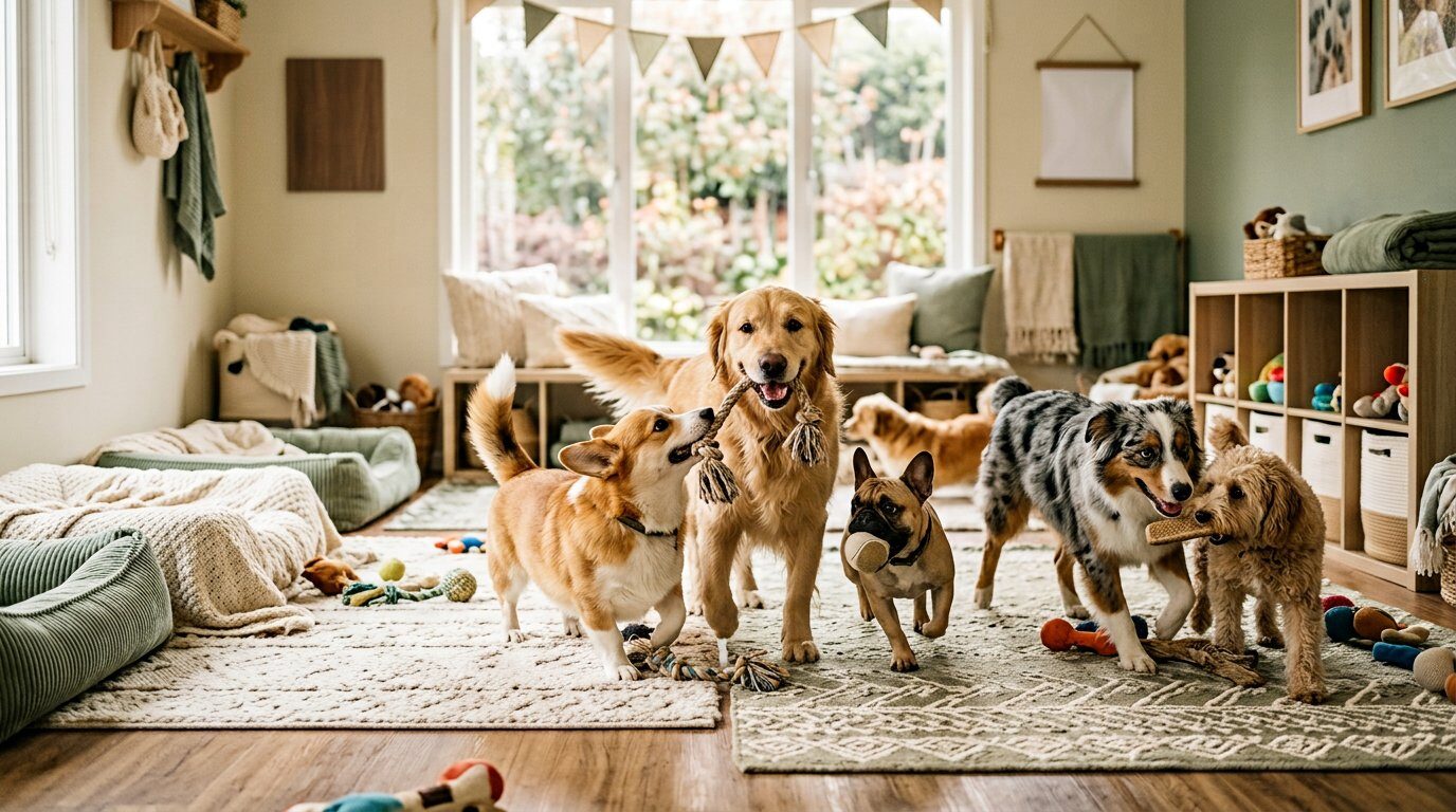 Honden die spelen in een knusse dagopvang
